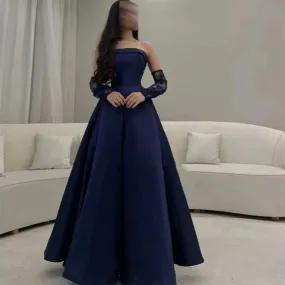 Abiti da ballo con maniche in pizzo blu navy Abiti da donna 2023 con spalle scoperte Abito da sera formale in raso Arabia Saudit