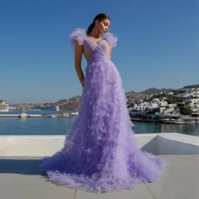 Abiti da festa formali in tulle a strati soffici color lavanda Abiti da festa eleganti per le donne 2024 Abiti da sera lilla