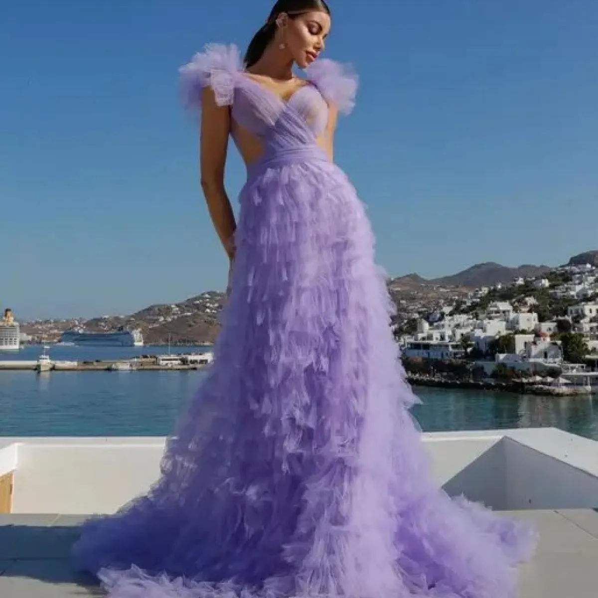 Abiti da festa formali in tulle a strati soffici color lavanda Abiti da festa eleganti per le donne 2024 Abiti da sera lilla