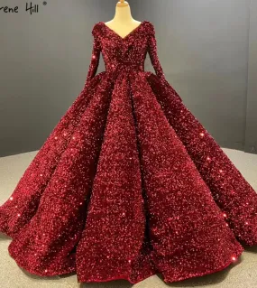 Abiti da sposa Dubai di lusso con paillettes rosso vino Abiti da sposa maniche lunghe con scollo a V Sparkle Ha2348 Dres da spos