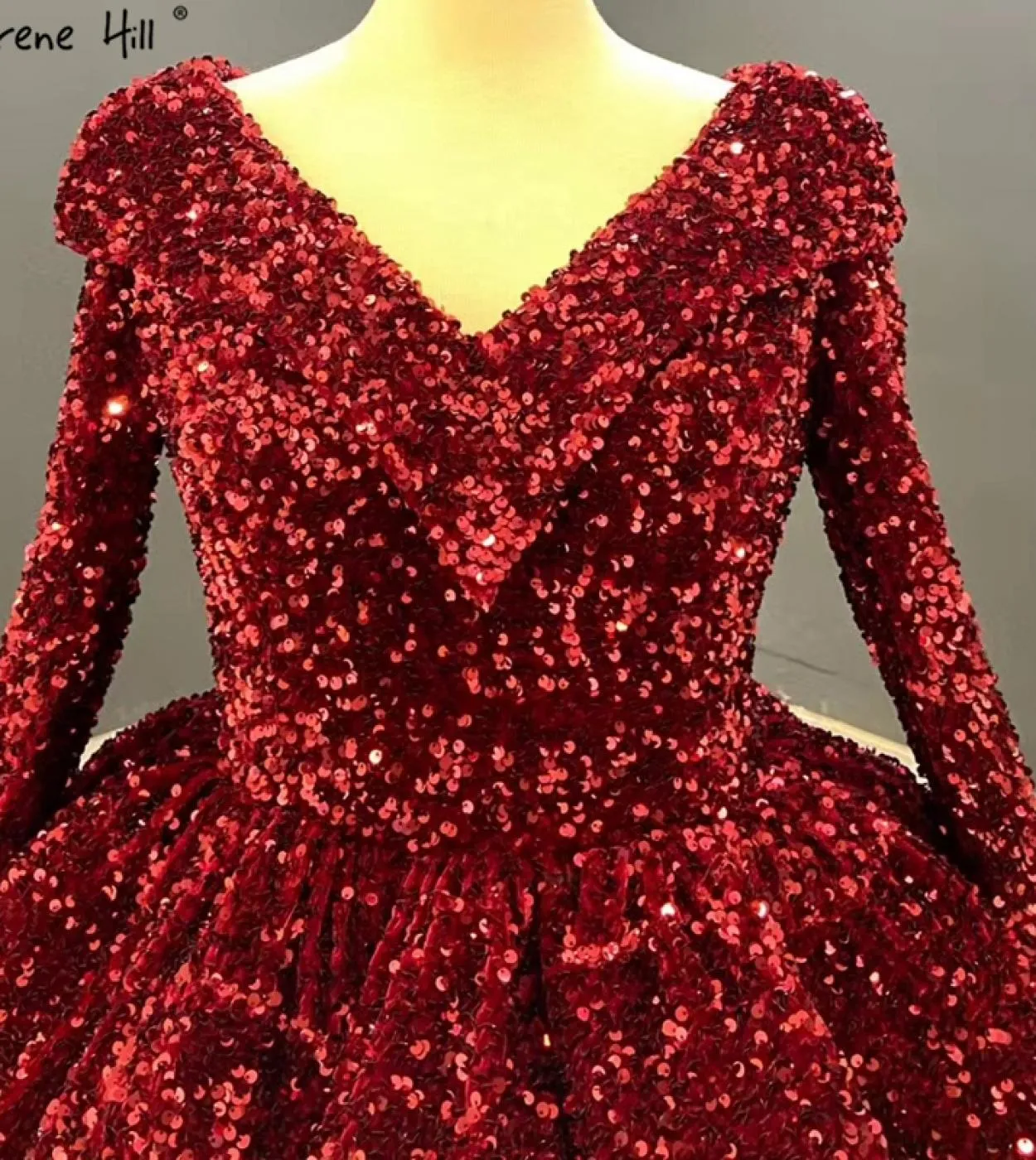 Abiti da sposa Dubai di lusso con paillettes rosso vino Abiti da sposa maniche lunghe con scollo a V Sparkle Ha2348 Dres da spos