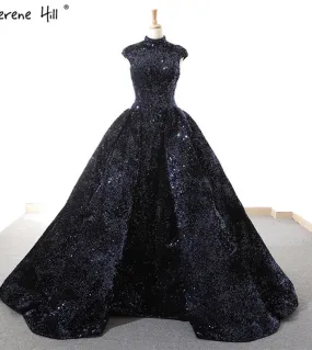 Abiti da sposa scintillanti con paillettes blu navy senza maniche Collo alto Abiti da sposa da sposa di lusso Immagine reale 667