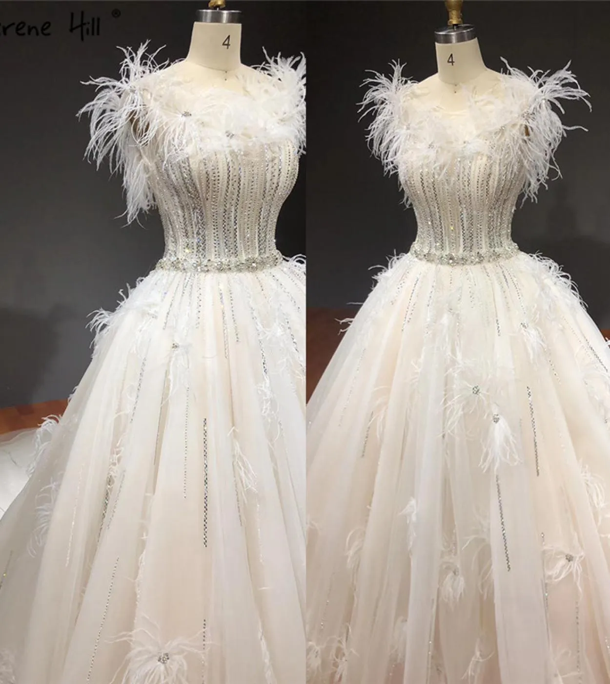 Abiti da sposa senza maniche in cristallo con piume bianche senza maniche Abiti da sposa di fascia alta di lusso senza maniche H