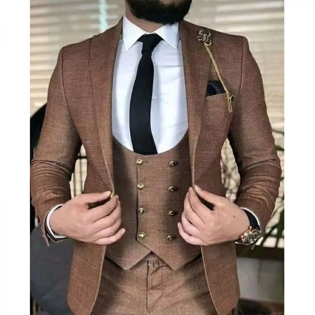 Abiti da uomo d'affari marroni abiti slim fit da uomo moda smoking per la cena dello sposo 3 pezzi giacca gilet con pantaloni fo