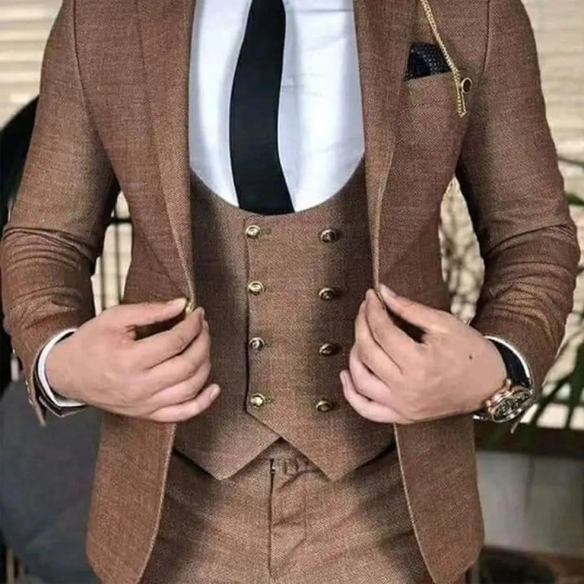 Abiti da uomo d'affari marroni abiti slim fit da uomo moda smoking per la cena dello sposo 3 pezzi giacca gilet con pantaloni fo