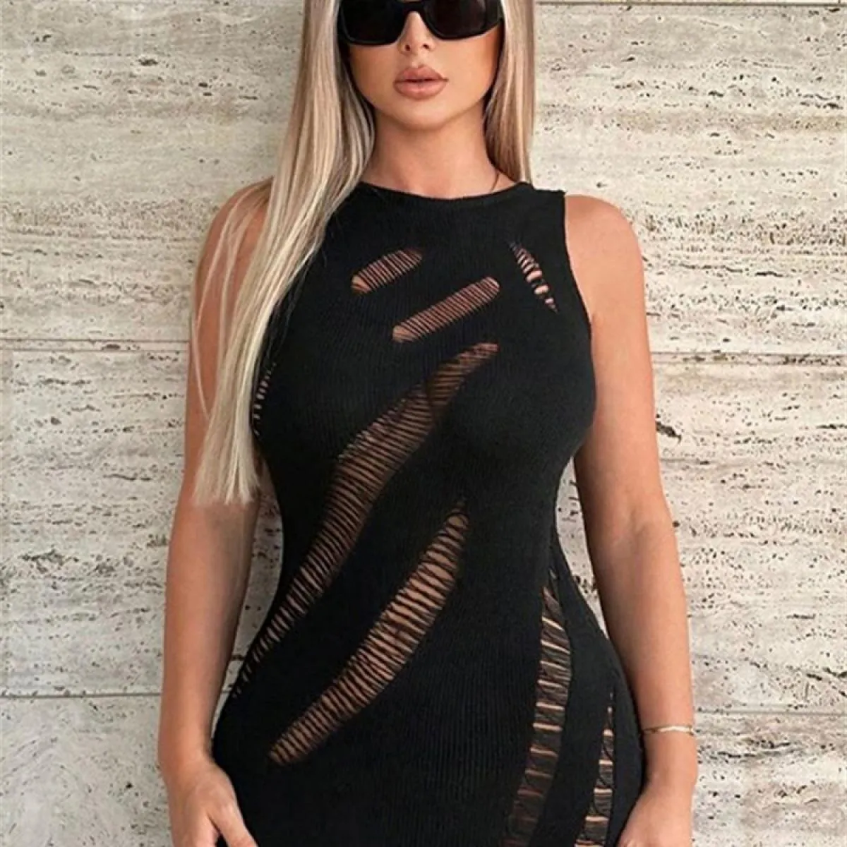 Abito lungo nero scavato a vita alta Abito femminile in maglia senza maniche sottile spezzato Abito elegante Maglieria mod