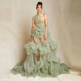 Affascinanti abiti da donna in tulle Couture con volant, abiti da ballo, abiti da festa, monospalla, abiti lunghi da spettacolo,