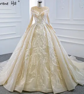 Dubai Champagne Abiti da sposa di alta qualità Maniche lunghe Perle Abiti da sposa di lusso Hm66874 Abito da sposa su misura