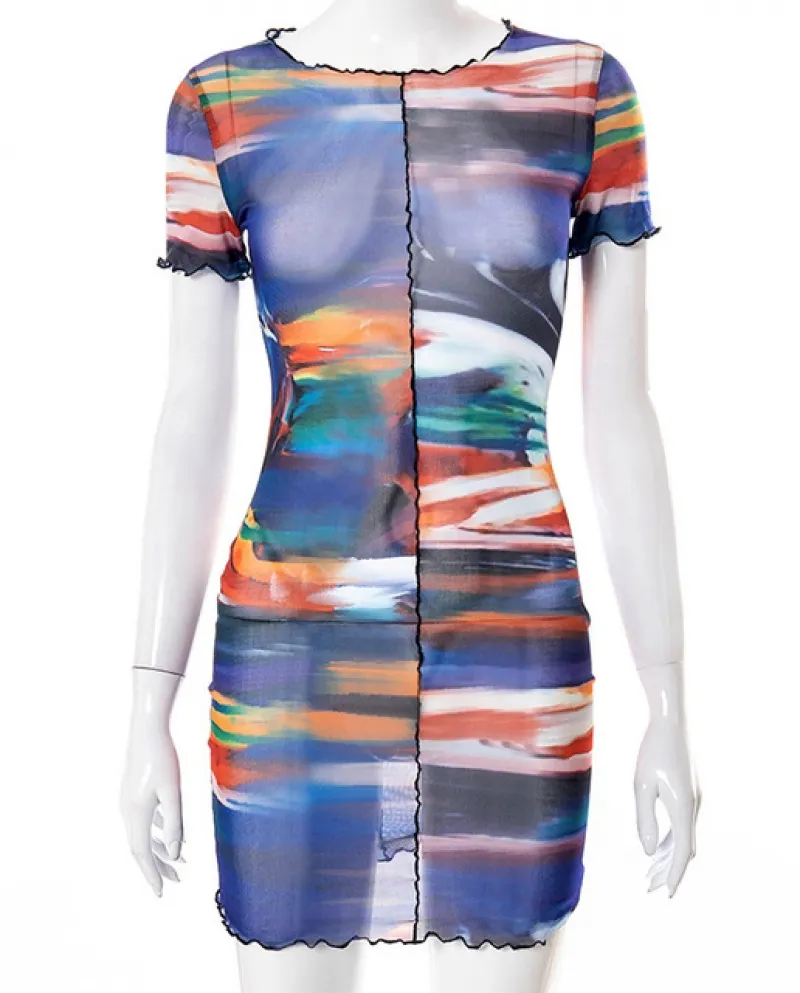 Hirigin Mesh Sheer Abito manica corta Tie Dye Compleanno Abiti per Wo