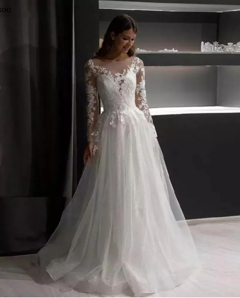 Principessa Sparkling Tulle A Line Abiti da sposa Scoop maniche lunghe La