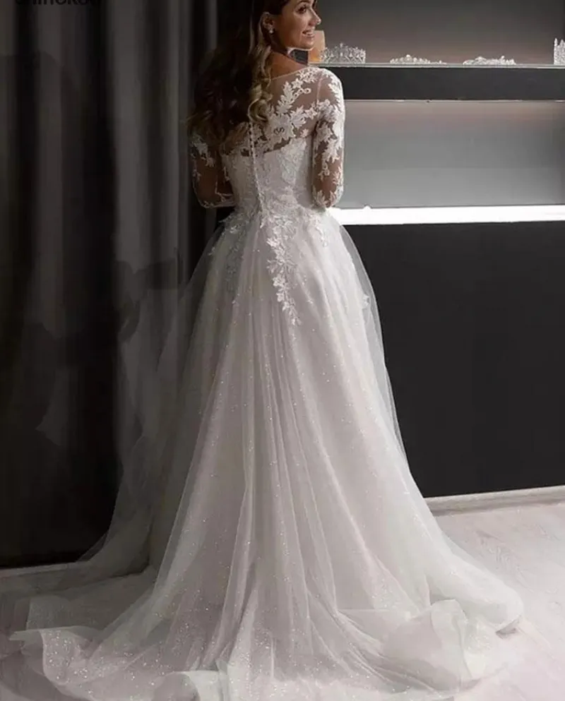 Principessa Sparkling Tulle A Line Abiti da sposa Scoop maniche lunghe La