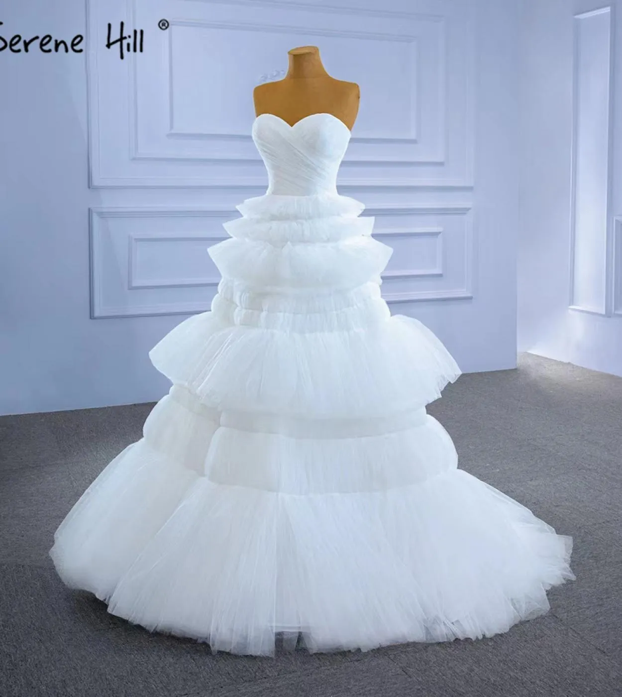 Serene Hill White Princess Ruffles Abiti da sposa Abiti da sposa semplici di fascia alta Hm67308 Abiti da sposa su misura