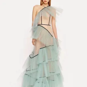 Una spalla See Thru abito da donna increspato irregolare tulle maxi abito da ballo abiti da festa 2024 tulle trasparente abiti d